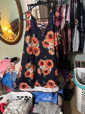 BLUETIME Women's Cold Shoulder Plus Size Sunflower Print Cross Neck Dress